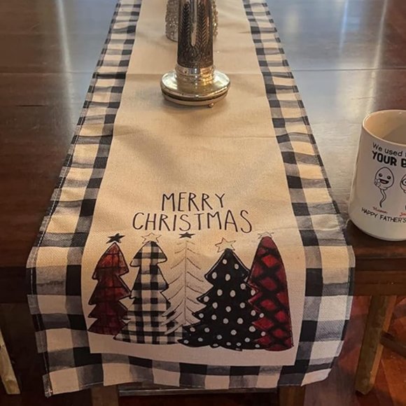 13 x 72 Inch Waterclor Buffalo Plaid Christmas Trees Table Runner Home Decor - Picture 10 of 10